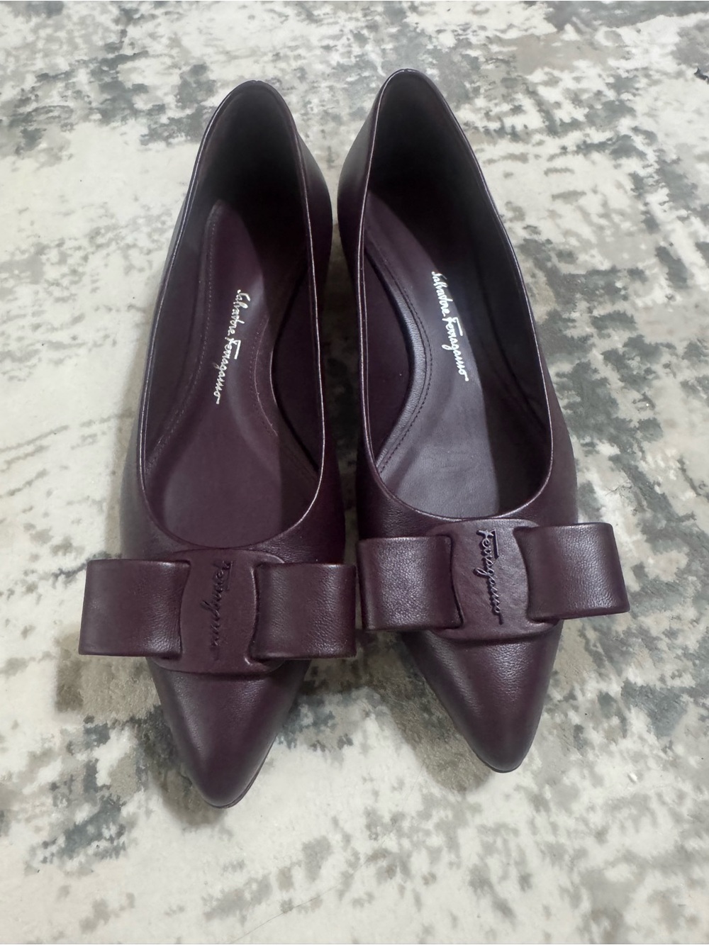 Salvatore Ferragamo Burgundy Pointed-Toe Bow Flats
